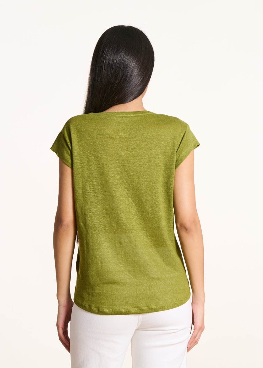 T-shirt vert olive en lin manches courtes – Image 4