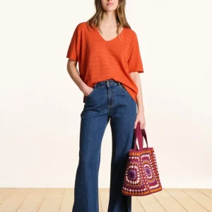 Pull oversize orange ajouré manches courtes