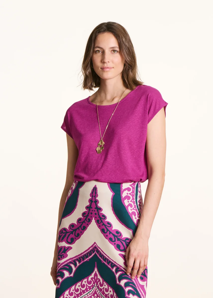 T-shirt rose fuchsia droit en lyocell et lin à col rond