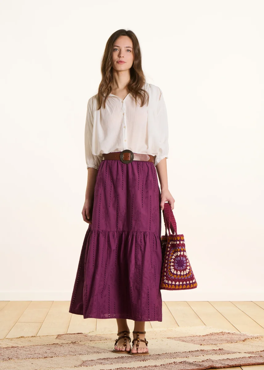 Jupe longue violette à volants en broderie anglaise – Image 2