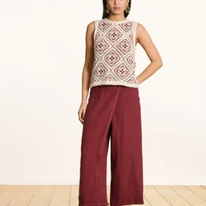 Pantalon large 7/8ème bordeaux en lin avec pan