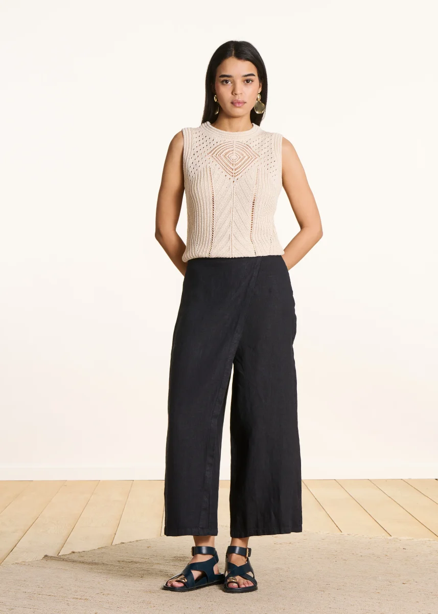 Pantalon large 7/8ème bleu foncé en lin avec pan – Image 2