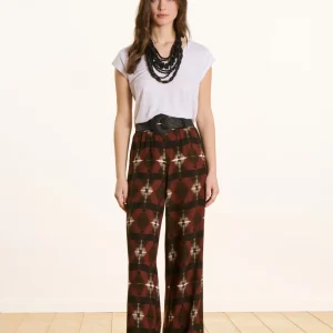 Pantalon large marron taille haute à imprimé