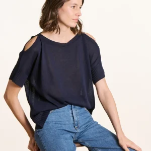 Pull manches courtes maille irisée bleu marine