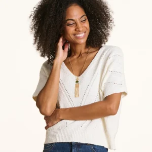 Pull ample écru en maille ajourée manches courtes