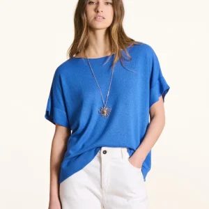 Pull en maille fine bleu encolure bateau