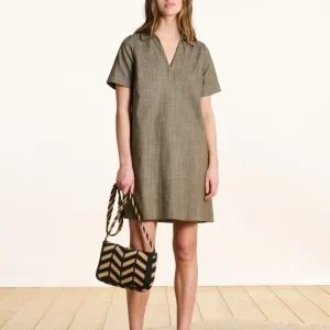 Robe courte en jean kaki à manches courtes