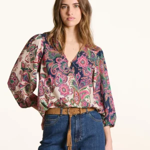 Top imprimé rose et bleu col V avec boucle