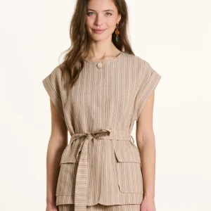 Veste sans manches beige ceinturée à rayures